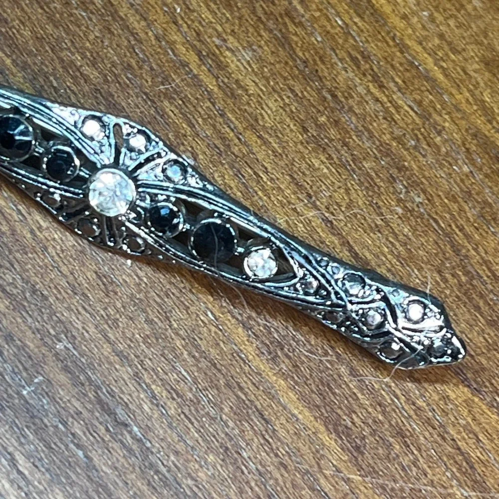 Vtg Art Deco Style Black Clear Rhinestone Gunmetal Bar Brooch Pin 2.5